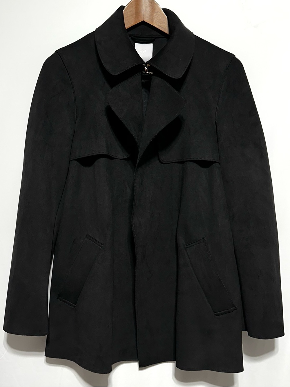 H&M Black Microsuede Trench Swing Coat Draped Storm Flap Anchor XS
